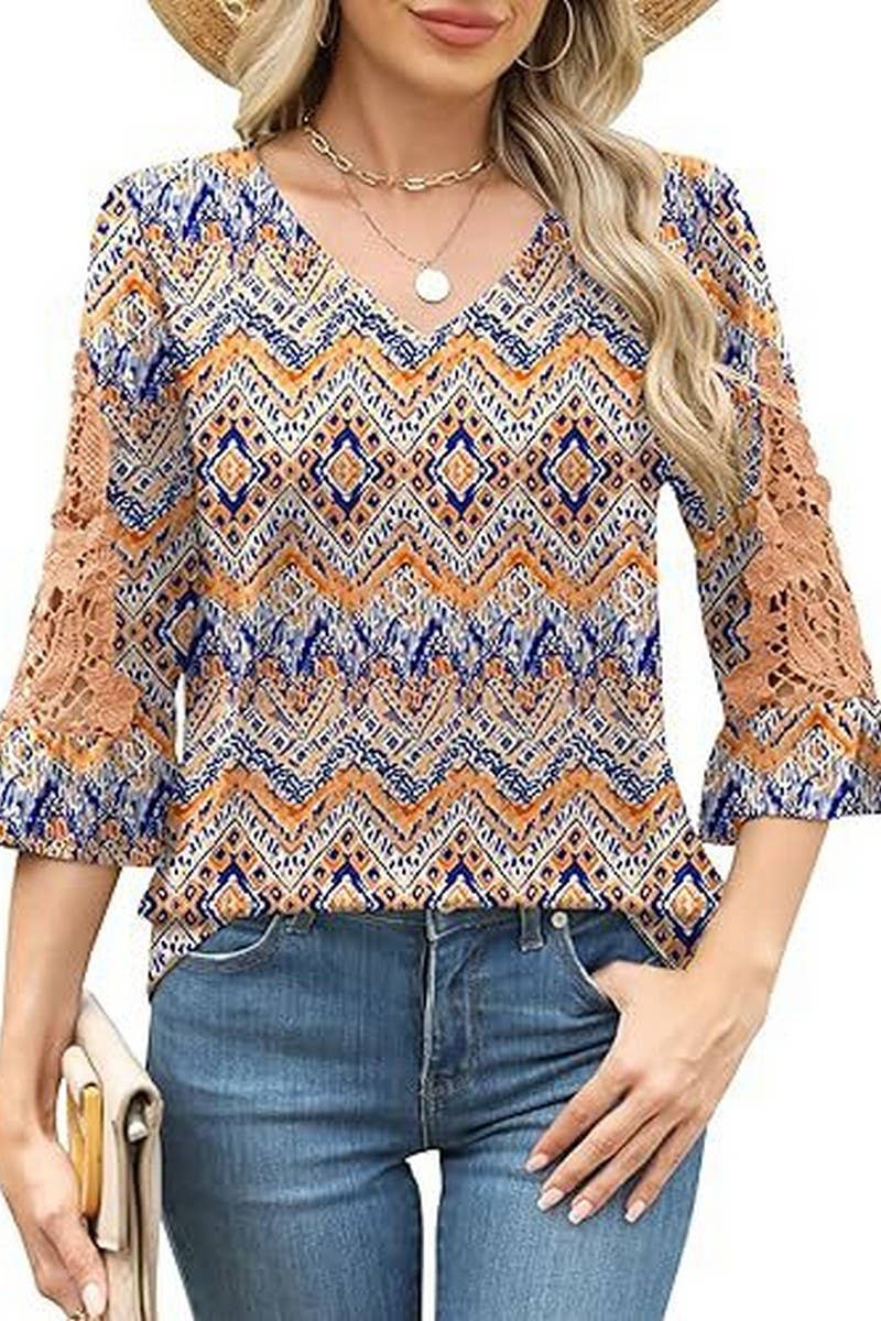 CWTBLL3901_LACE RUFFLE SLEEVE V-NECK PRINT TOP