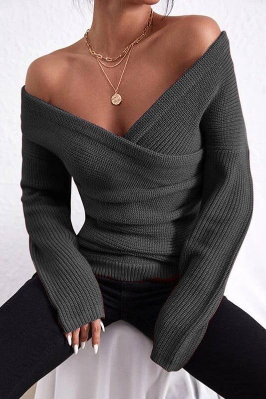 CWOSWL6649_SEXY OFF-THE-SHOULDER V-NECK LONG-SLEEVED SWEATER