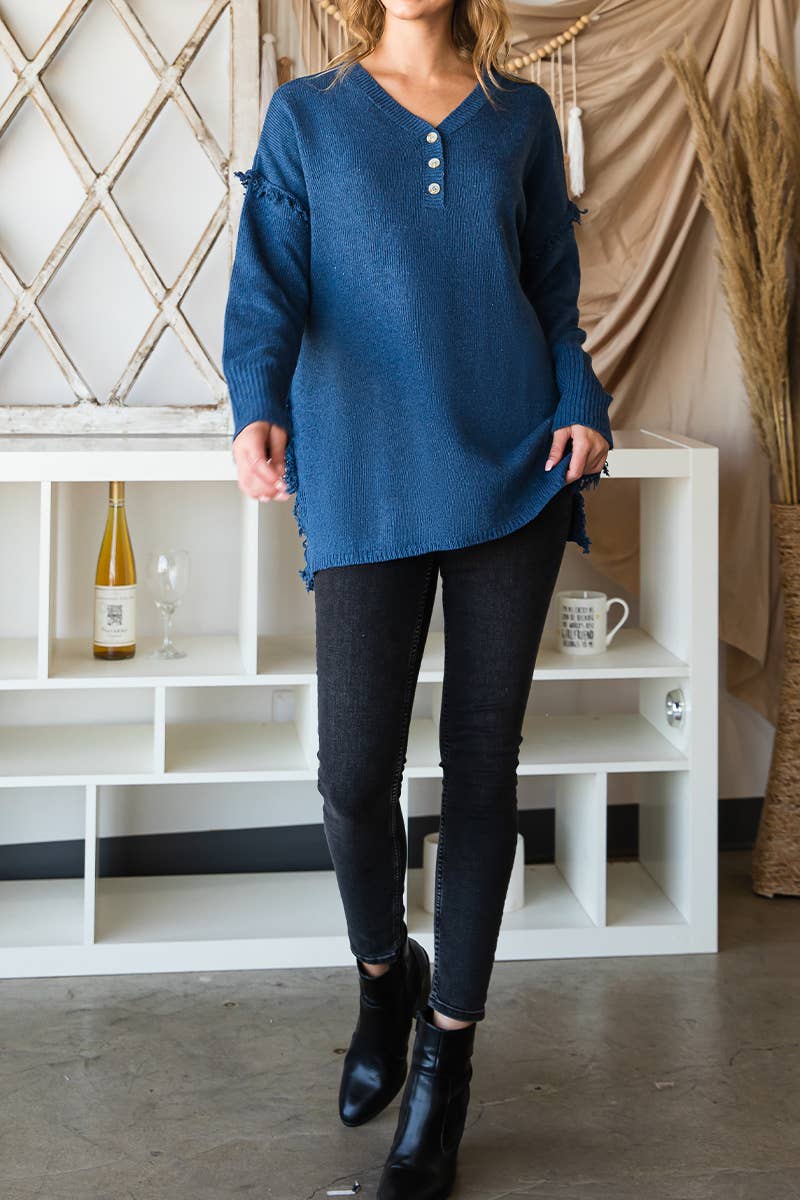 CWOSWL646_BUTTON DOWN FRINGE SHOULDER SWEATER KNIT TOP