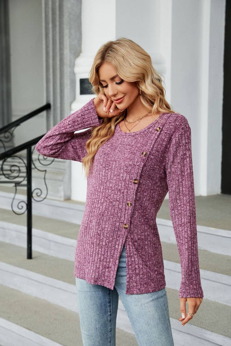 CWTBLL2408_ROUND NECK BUTTON SLIT LOOSE LONG SLEEVE TOP