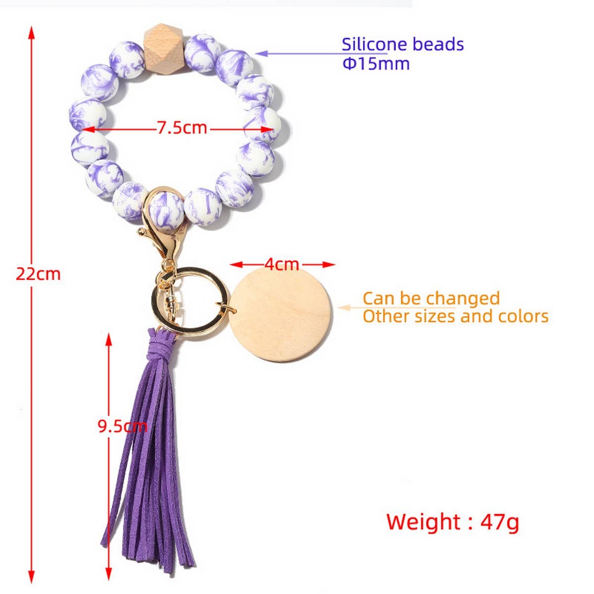 Silicone Bead Bracelet Keychain with Beech Wood