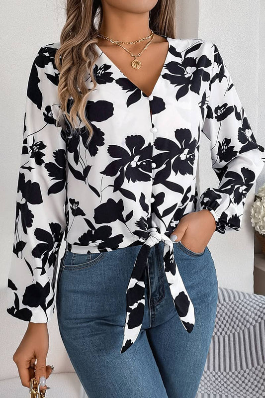 CWTDSL0117_V-NECK FLORAL LONG-SLEEVED LACE-UP TOP