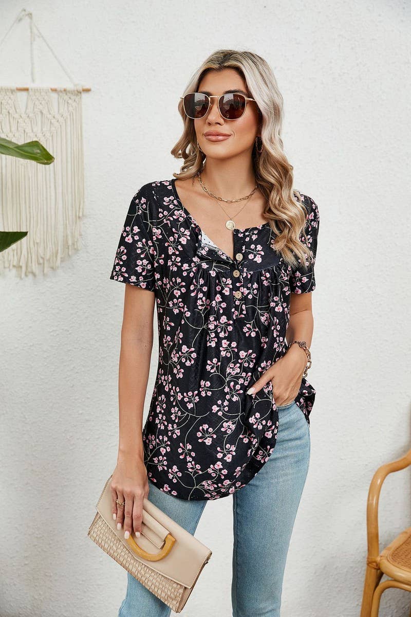CWTBLS0850_BUTTON PRINT FLORAL SHORT SLEEVE BAGGY TOP