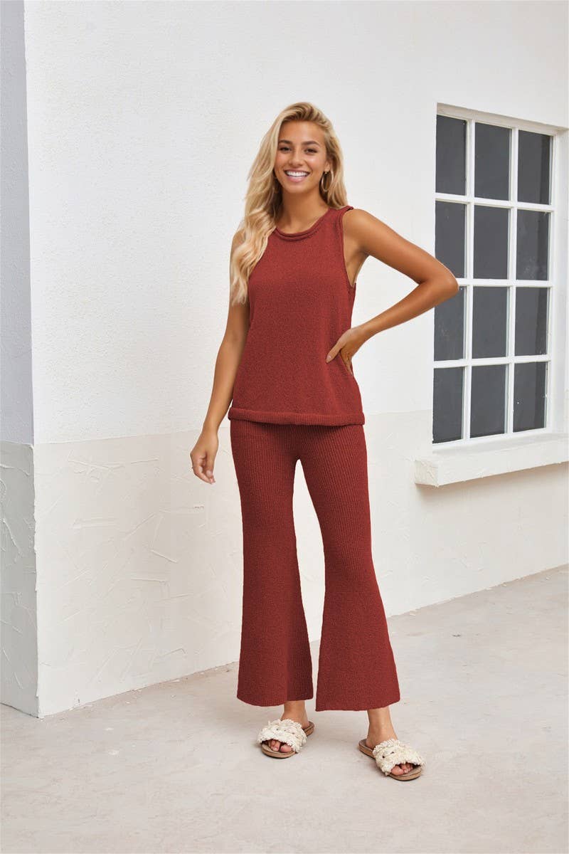 CWSTB0584_CASUAL CREW NECK SLEEVELESS PANTS KNIT SET