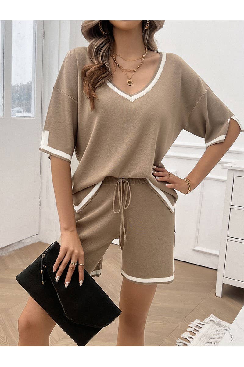 CWSTB0665_CASUAL LOOSE V-NECK SHORT SLEEVED SHORTS KNIT SET