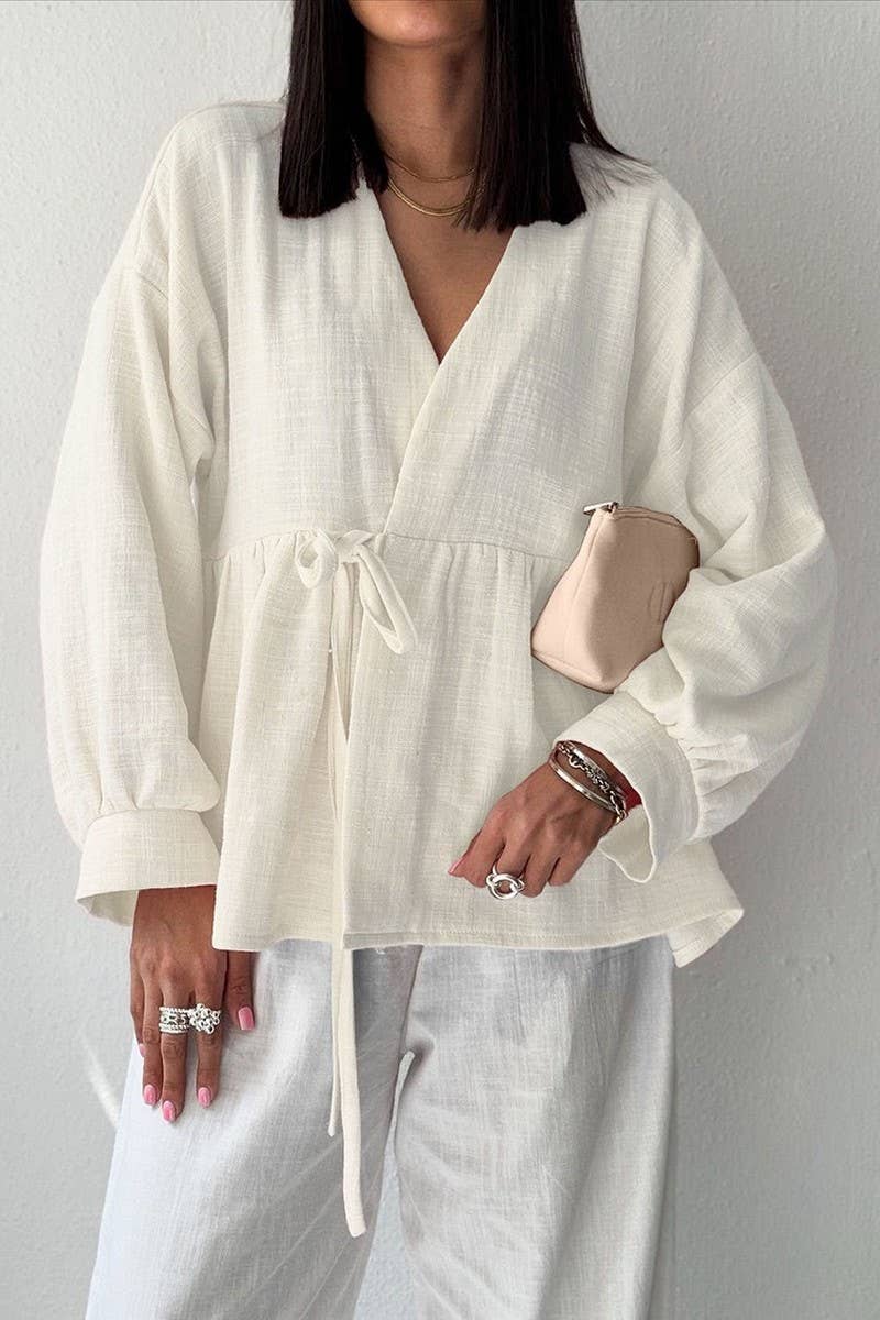 CWSTB00480_2025 SPRING FALL V NECK COTTON LINEN PANTS SET