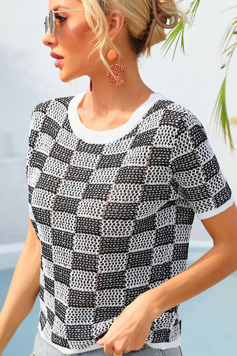 CWTBLS1750_SUMMER PLAID HOLIDAY CASUAL CREW NECK SHIRT