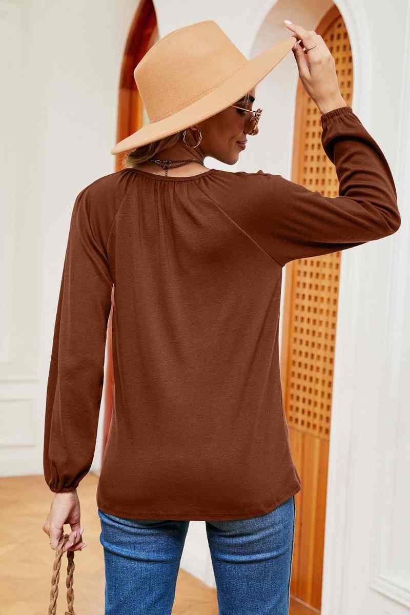 CWTBLL2840_CASUAL SOLID COLOR PLEATED LONG SLEEVE TOP