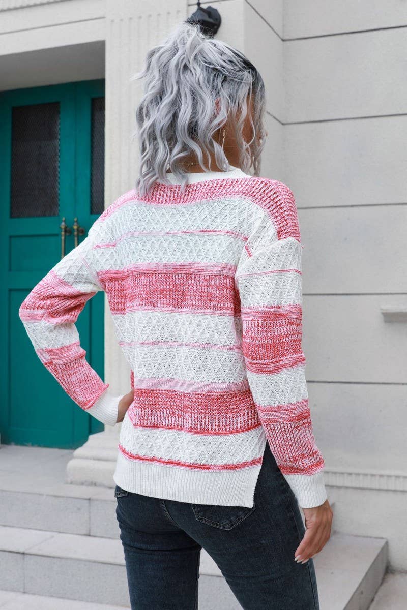 CWOSWL4155_STRIPED SLIT SHORT FRONT AND LONG BACK SWEATER