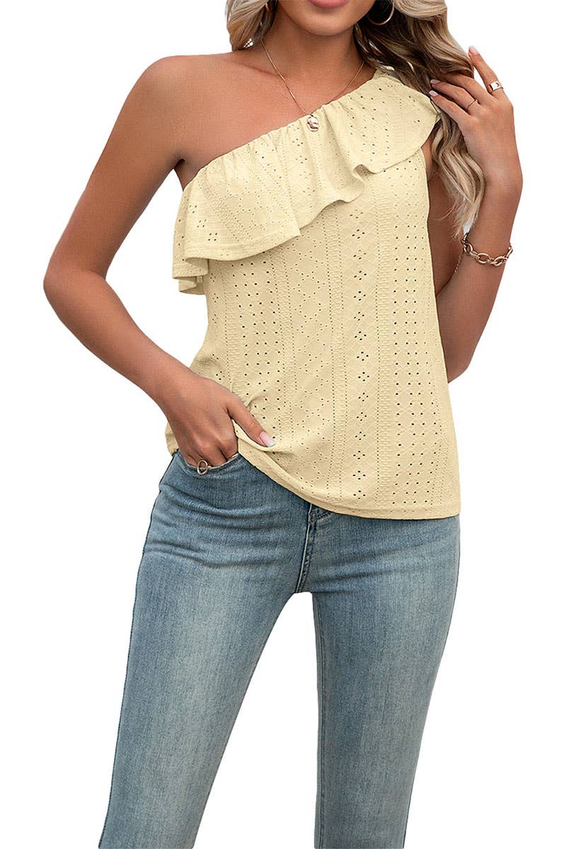 CWTBLSL0103_One Shoulder Ruffle Detailed Sleeveless Top