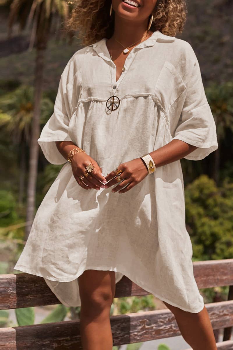 CWDSD8007_LOOSE SOLID COLOR CASUAL BUTTON FASHION DRESS