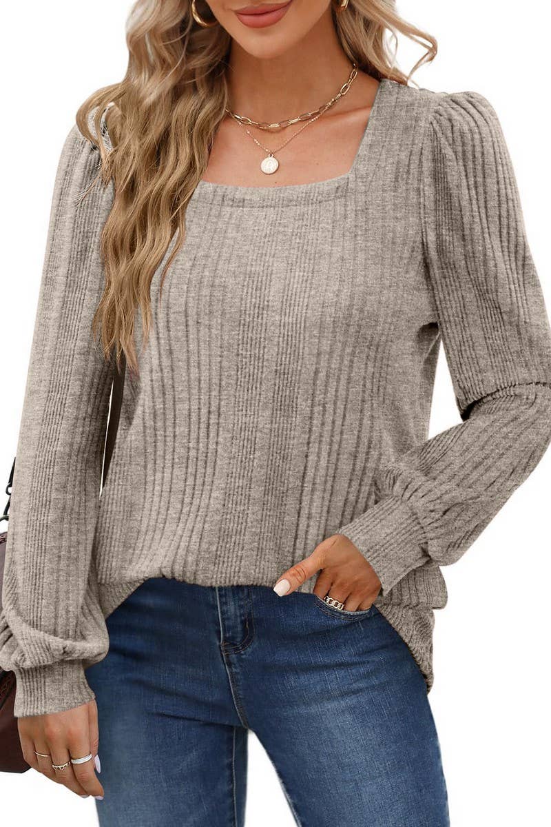 CWTBLL3198_SQUARE NECK BRUSHED LANTERN SLEEVE TOP
