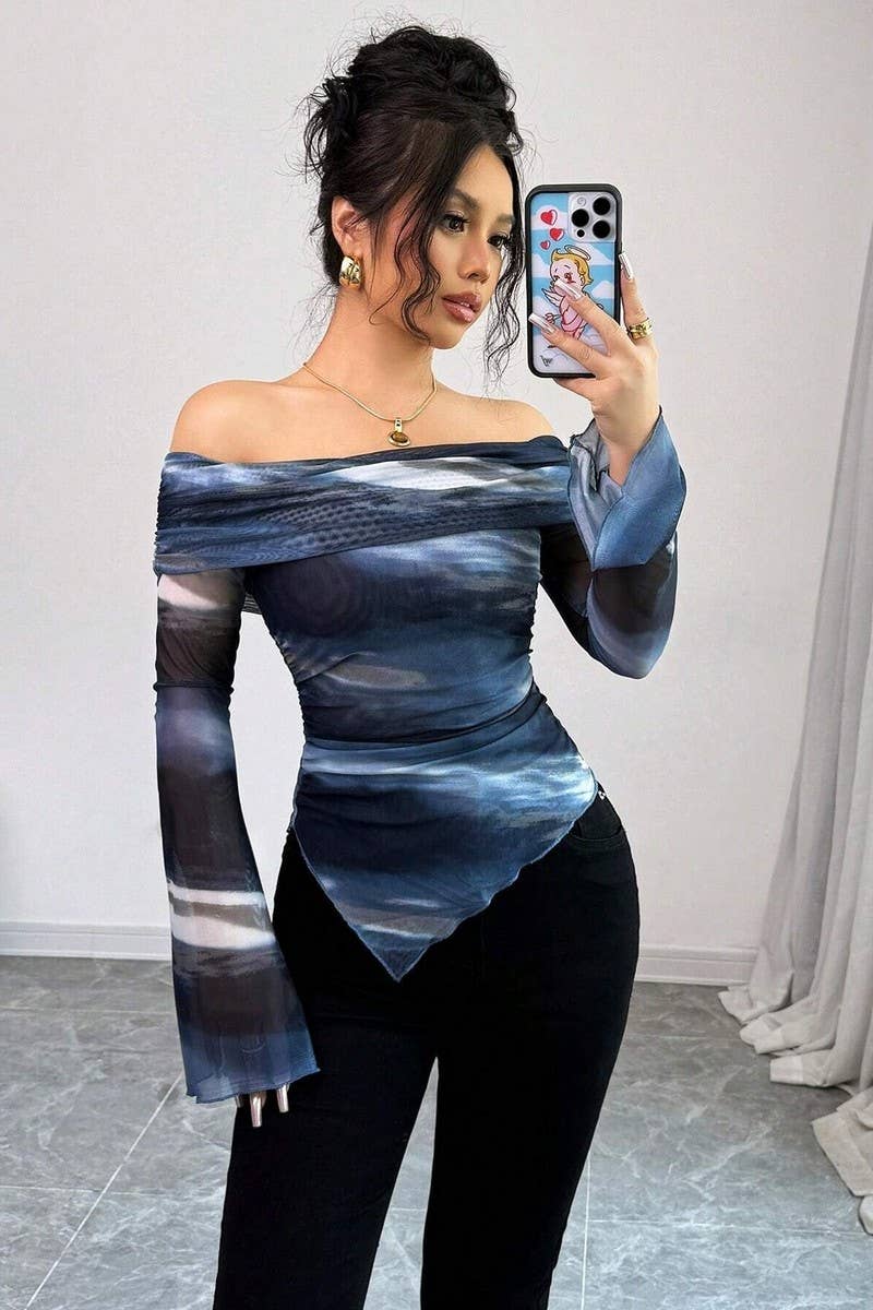 CWTBLL3920_KNIT MESH PRINT OFF SHOULDER SLIM FIT TOP