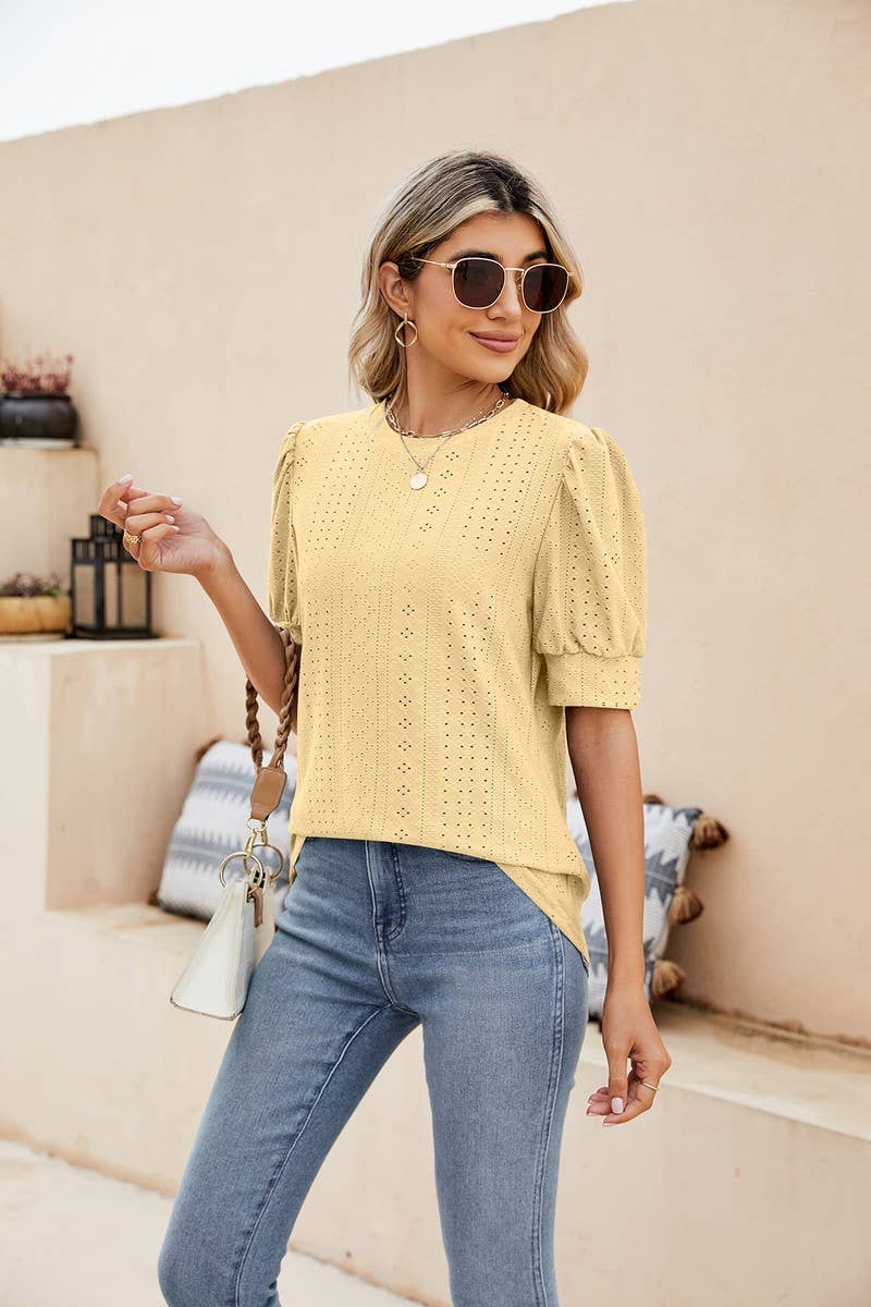 CWTBLS0615_ HOLLOW PUFF SLEEVES SHORT SLEEVED BLOUSE TOP