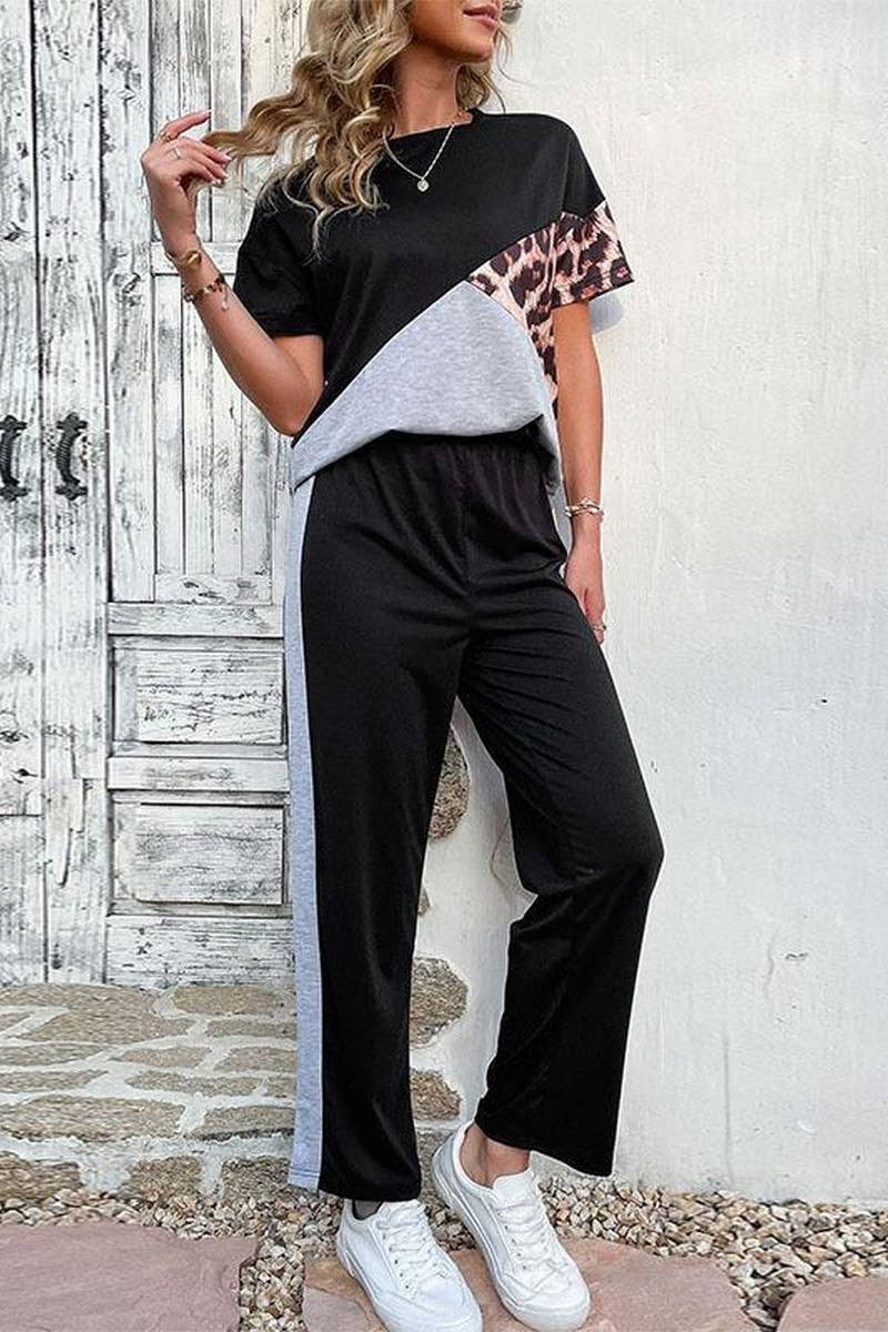 CWSTB1965_COLORBLOCK LEOPARD PRINT TEE CASUAL SET