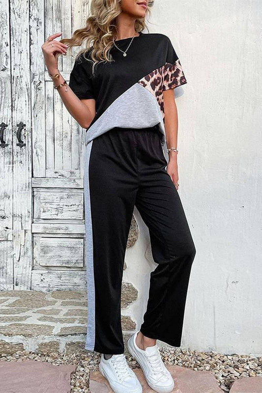 CWSTB1965_COLORBLOCK LEOPARD PRINT TEE CASUAL SET