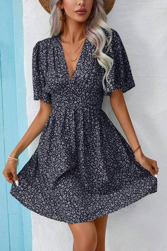 CWDSD7524_SUMMER V-NECK HIGH WAIST FLORAL PLEATED DRESS