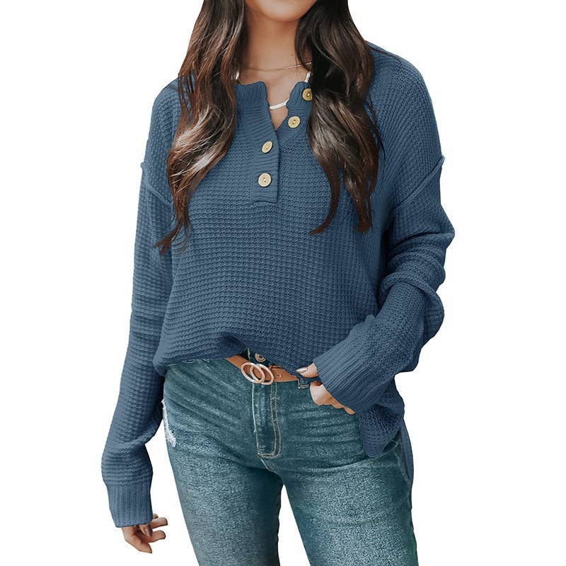 BUTTON-DOWN V-NECK LONG-SLEEVED PULLOVER SWEATER