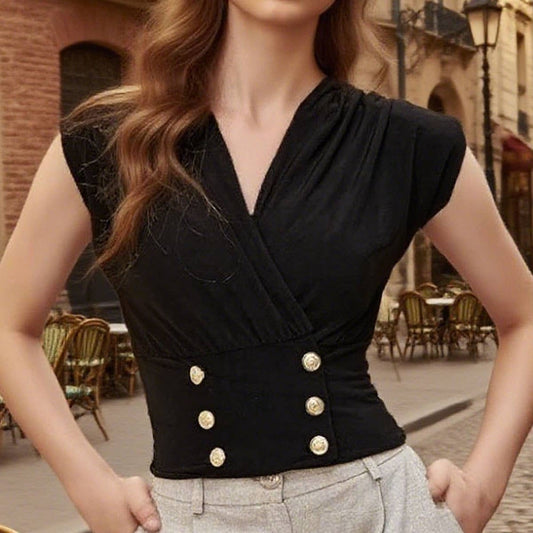 Elegant and simple black V-neck layered vest