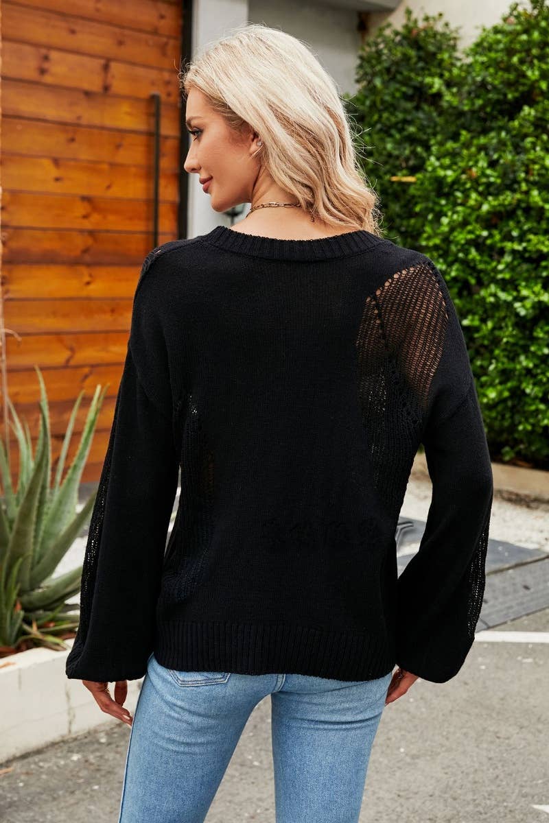 CWOSWL6485_CREW-NECK CUTOUT PATCHWORK LONG-SLEEVED SWEATER