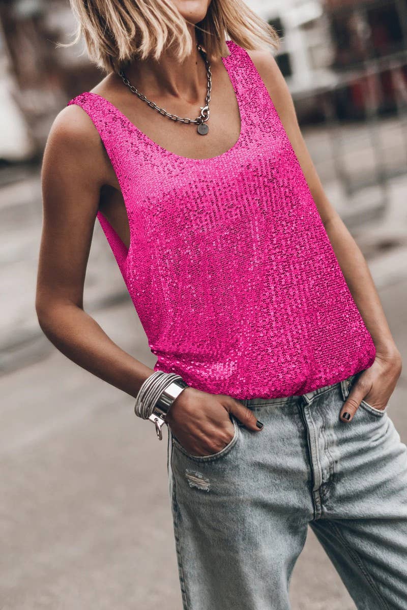 CWTBLSL0795_SEQUINED U-NECK SLEEVELESS BACKLESS TANK TOP