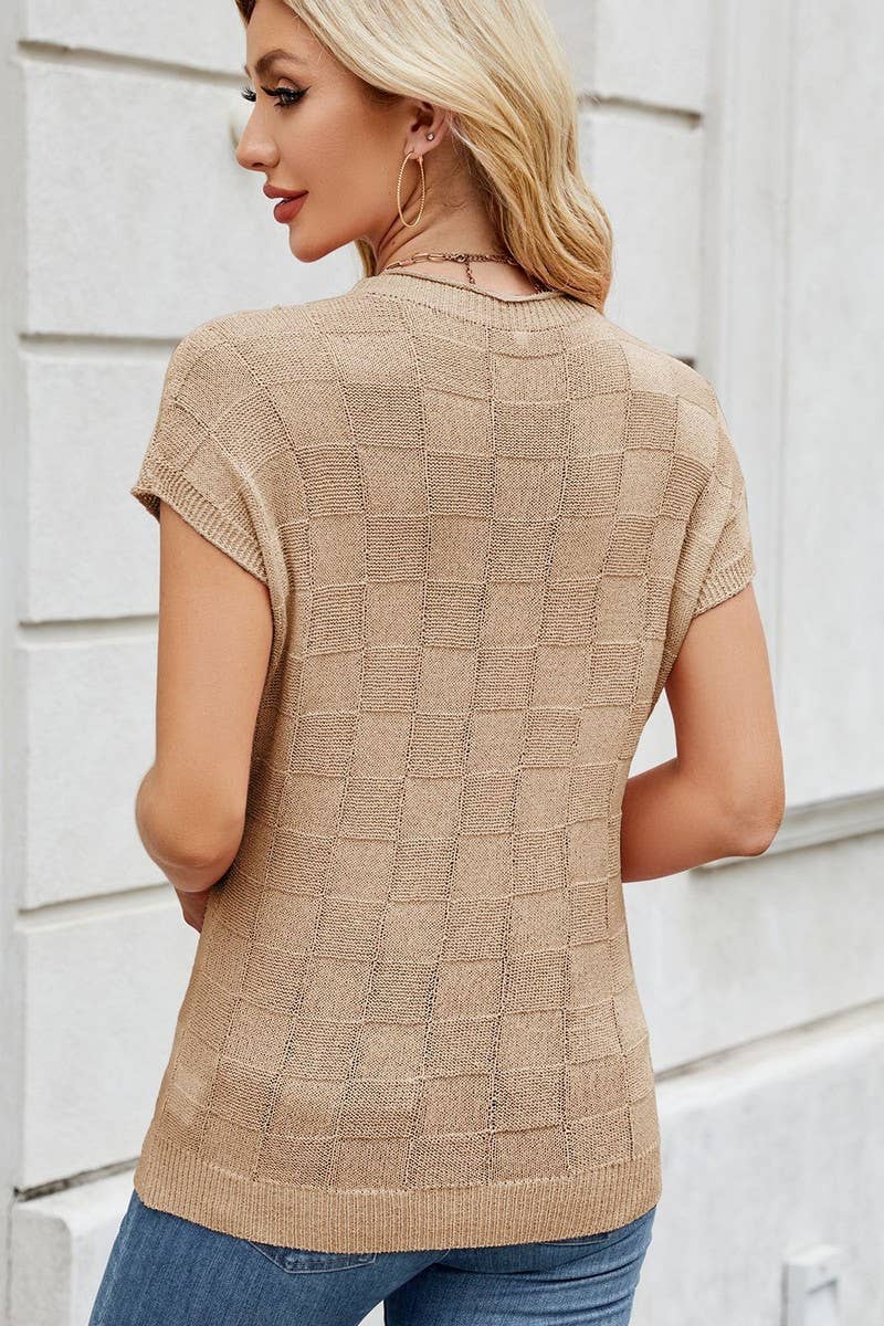 CWTBLS02497_SMALL CHECK CASUAL SHORT SLEEVE KNIT TOP