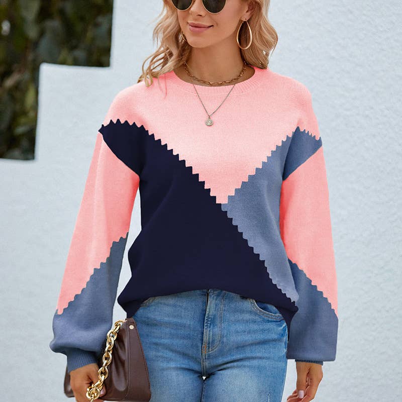 COLOR CONTRAST CREW-NECK SWEATER PULLOVER