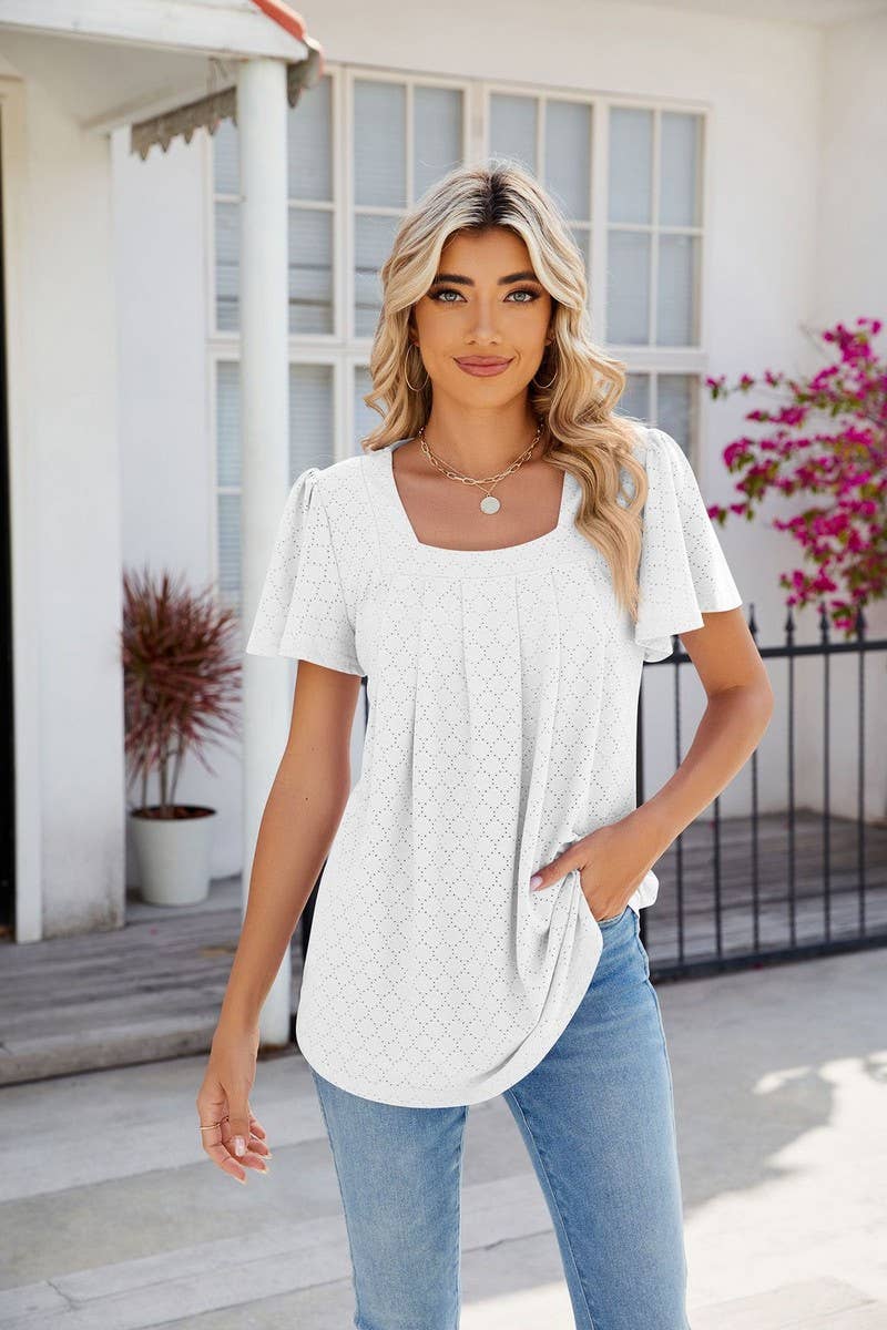 CWTTS0813_Squre Neck Short Ruffle Sleeve Knit Top