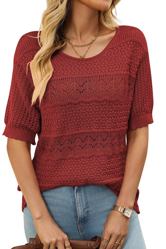 CWOSWS0128_CREW NECK HOLLOW KNIT CROCHET SHORT SLEEVE TOP