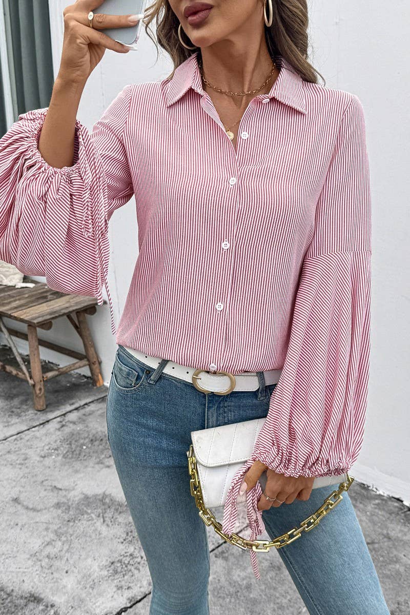 CWTSTL00964_STRIPED PATCHWORK LANTERN SLEEVE BLOUSE
