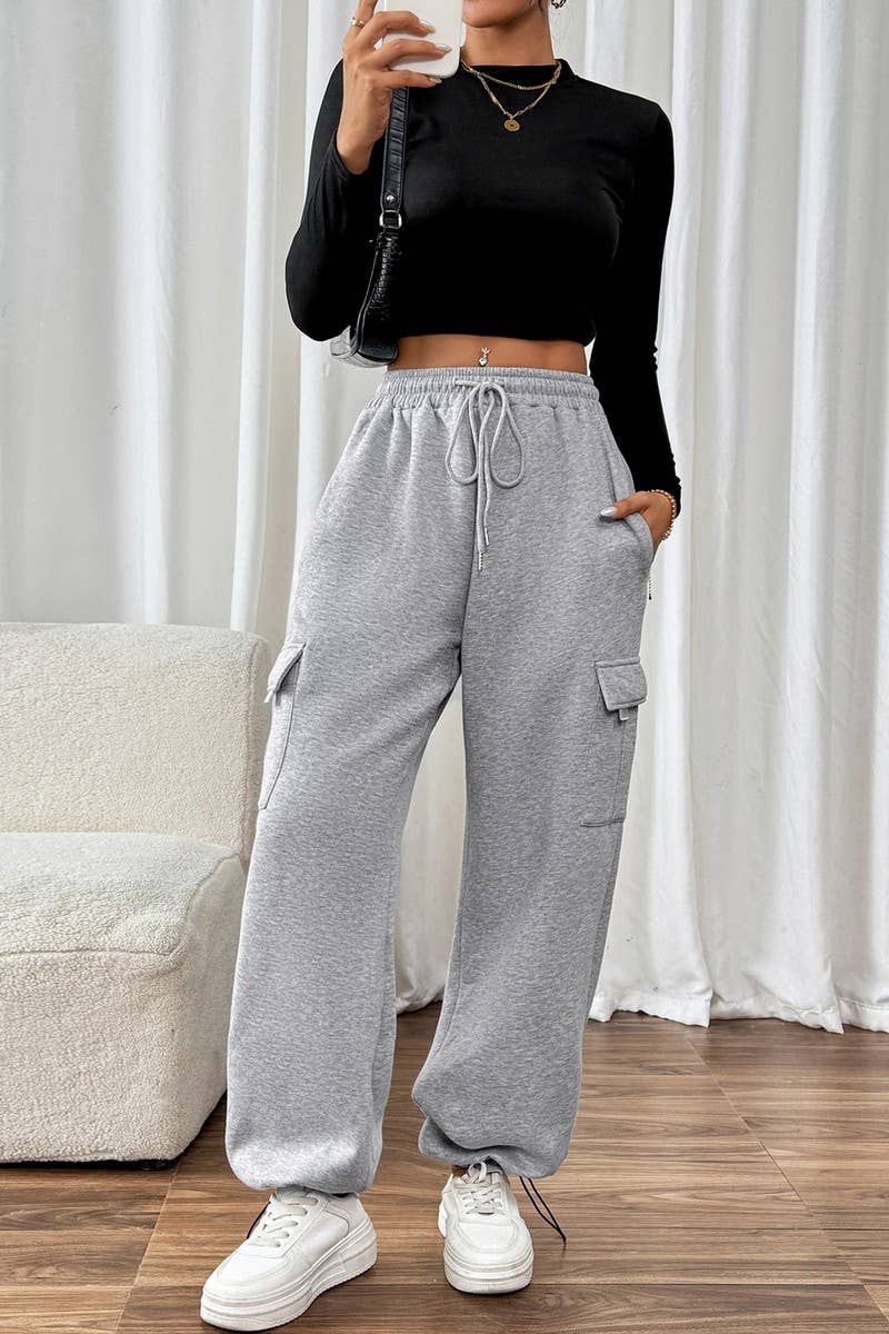 CWBLP1069_CASUAL HIGH WAIST PATCHWORK POCKET SWEATPANTS