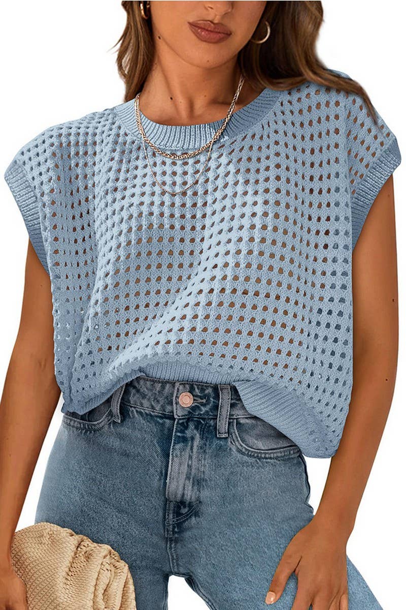 CWTTS1365_SUMMER HOLLOW SUN PROTECTION KNITTED TOP