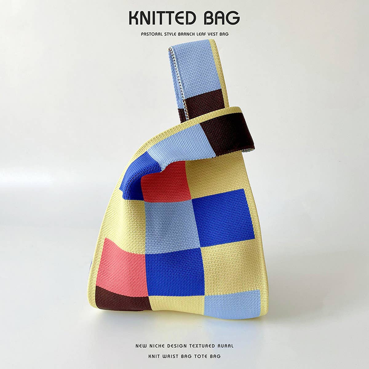 PINK AND GREEN CHECKERBOARD KNIT TOTE BAG_CWAB2394