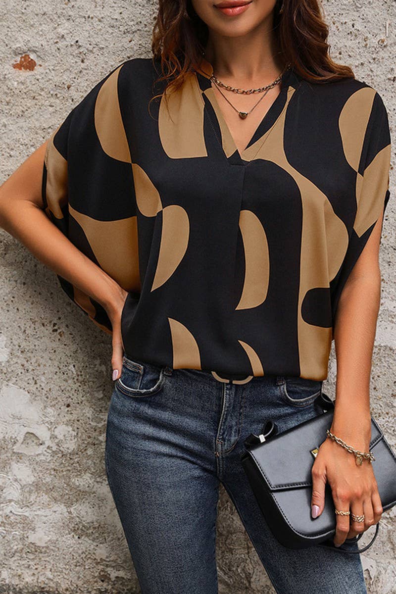 CWTBLL3589_SUMMER SHORT-SLEEVED PULLOVER V-NECK PRINTED SHIR