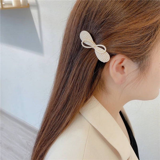 RHINESTONE BOW PEARL DOUBLE LAYER HAIR CLIP