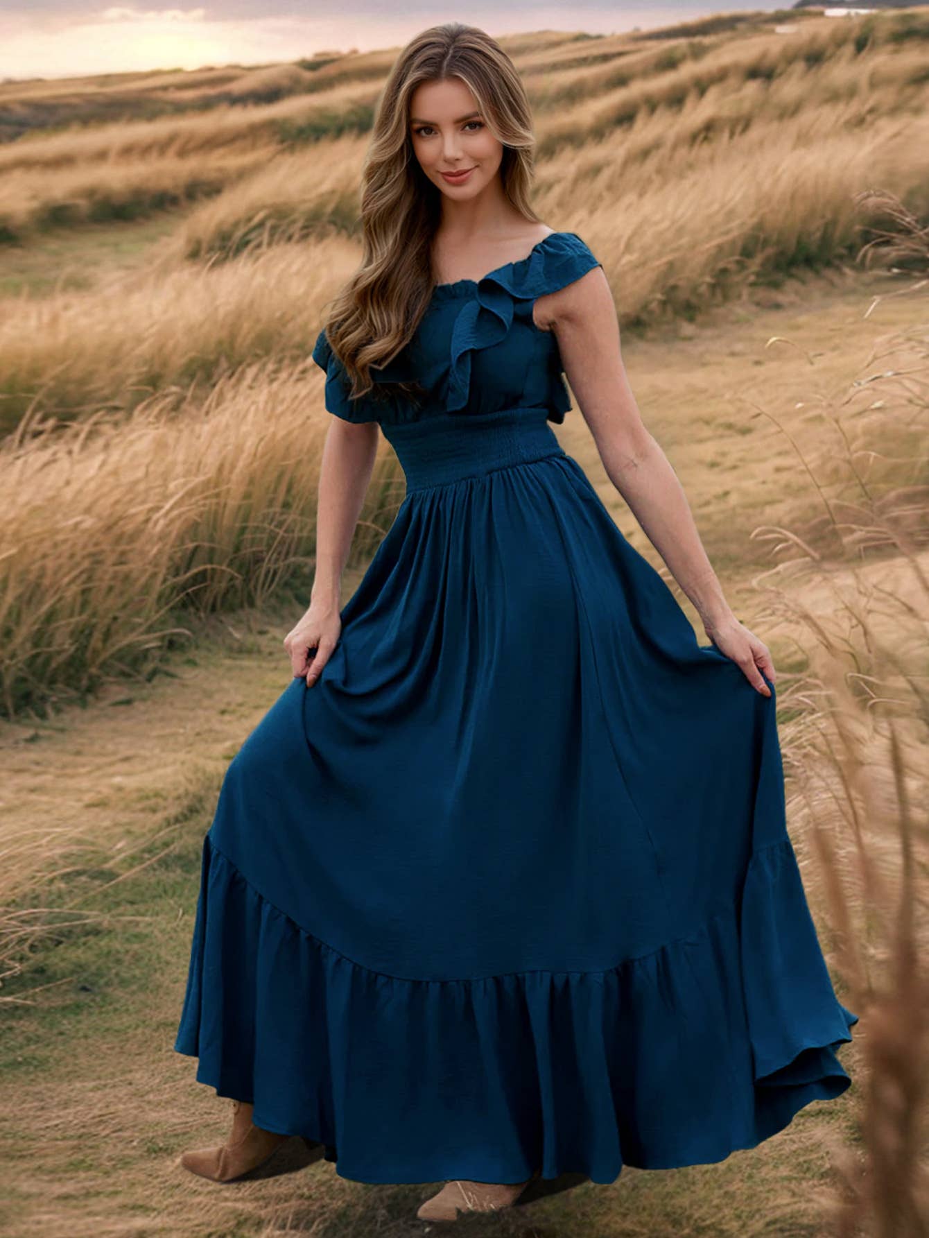 Chic Slim Fit Ruffle Off-Shoulder Vintage Dress