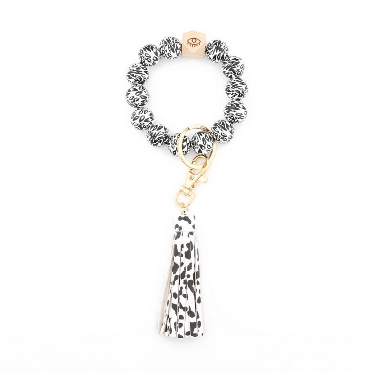 Leopard & Plaid Bead Bracelet Keychain Tassel
