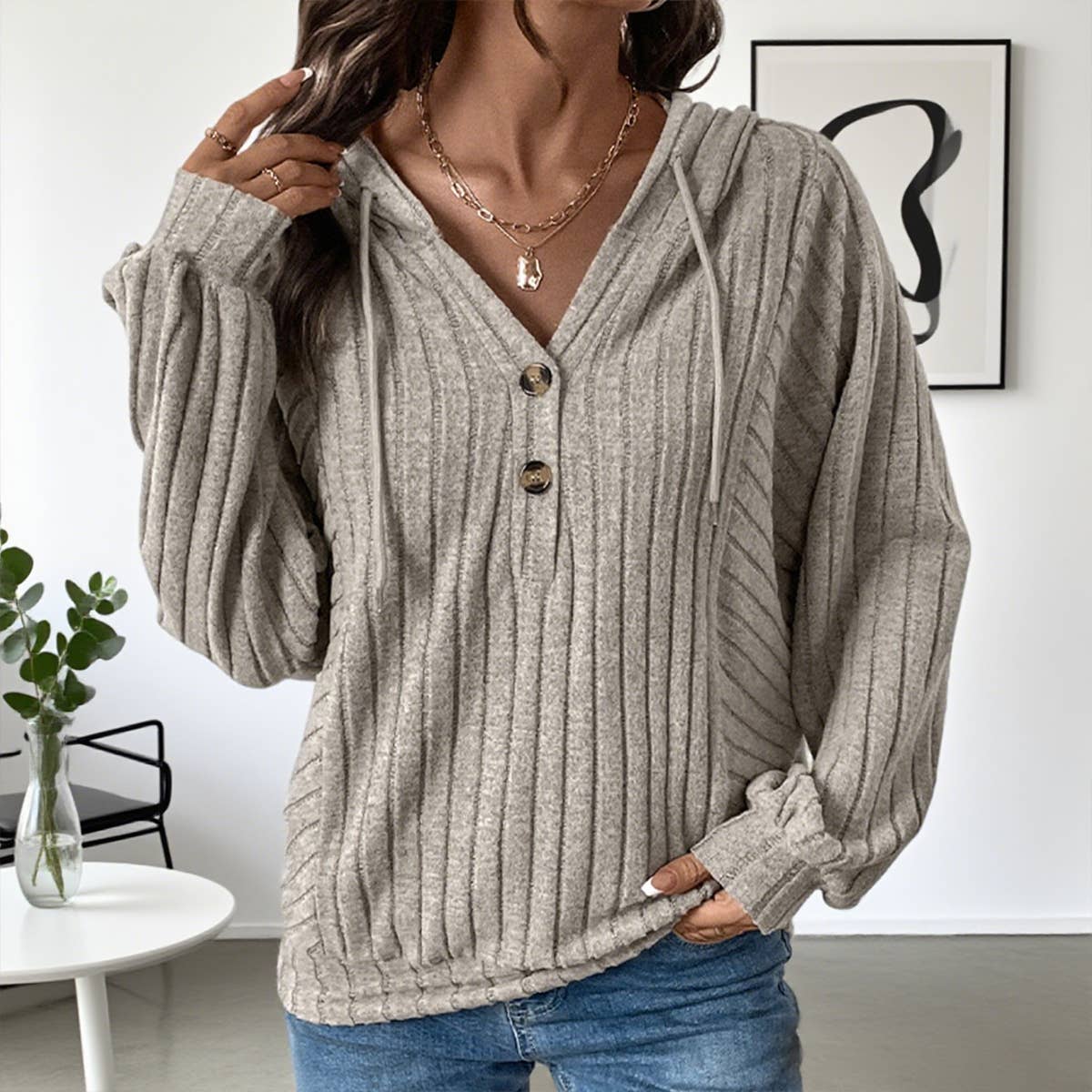 Casual striped hooded solid-color knitted top