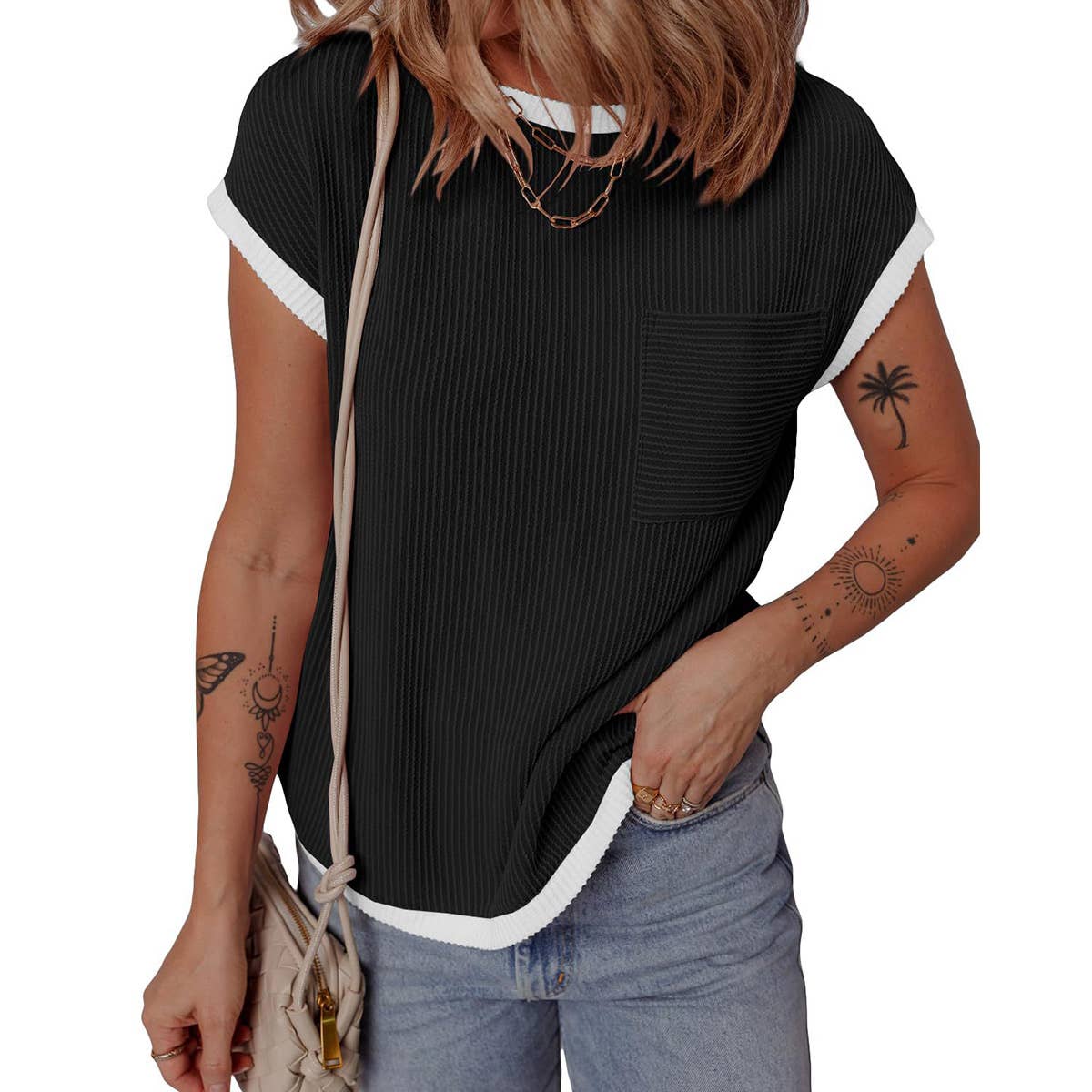 Crew-neck knitted twist strip casual T-shirt