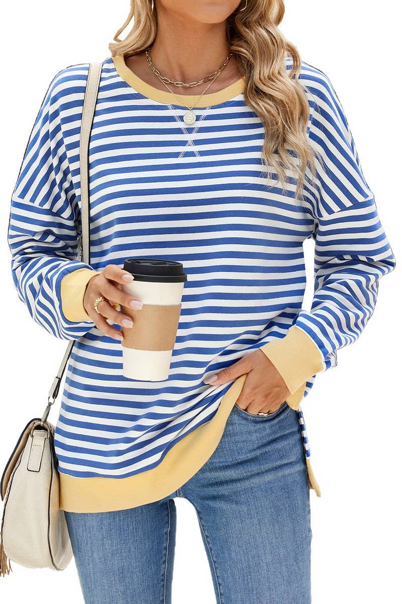 CWTBLL1198_CONTRAST COLOR ROUND NECK STRIPED SWEATSHIRT