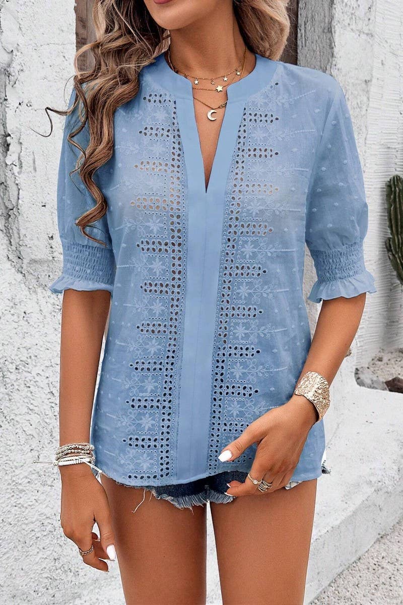 CWTTS1388_V-NECK PUFF SLEEVES HOLLOW POMPOM LACE T-SHIRT