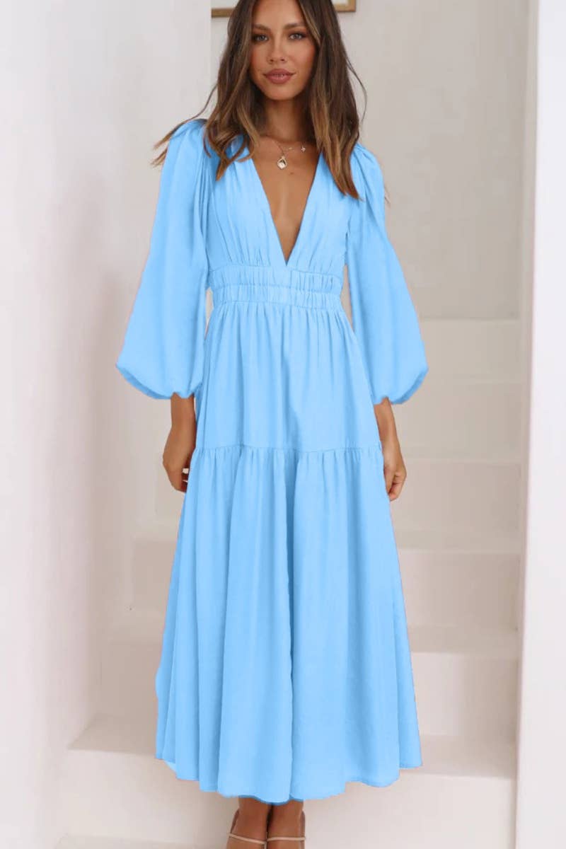 CWDMD4036_AUTUMN V-NECK LONG SLEEVE WAIST DRESS LONG STYLE