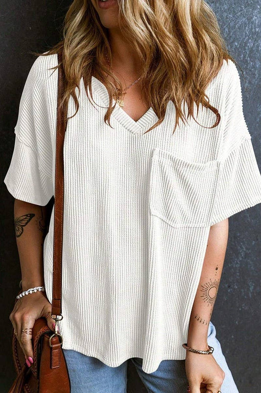 CWTTS1382_SUMMER FASHION POCKET SHORT SLEEVE V NECK TOP