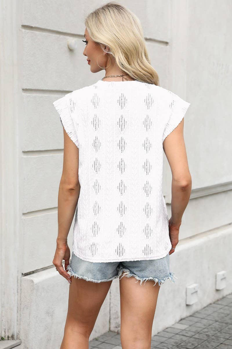 CWTBLS1696_ROUND NECK JACQUARD LOOSE SHORT SLEEVE TOP