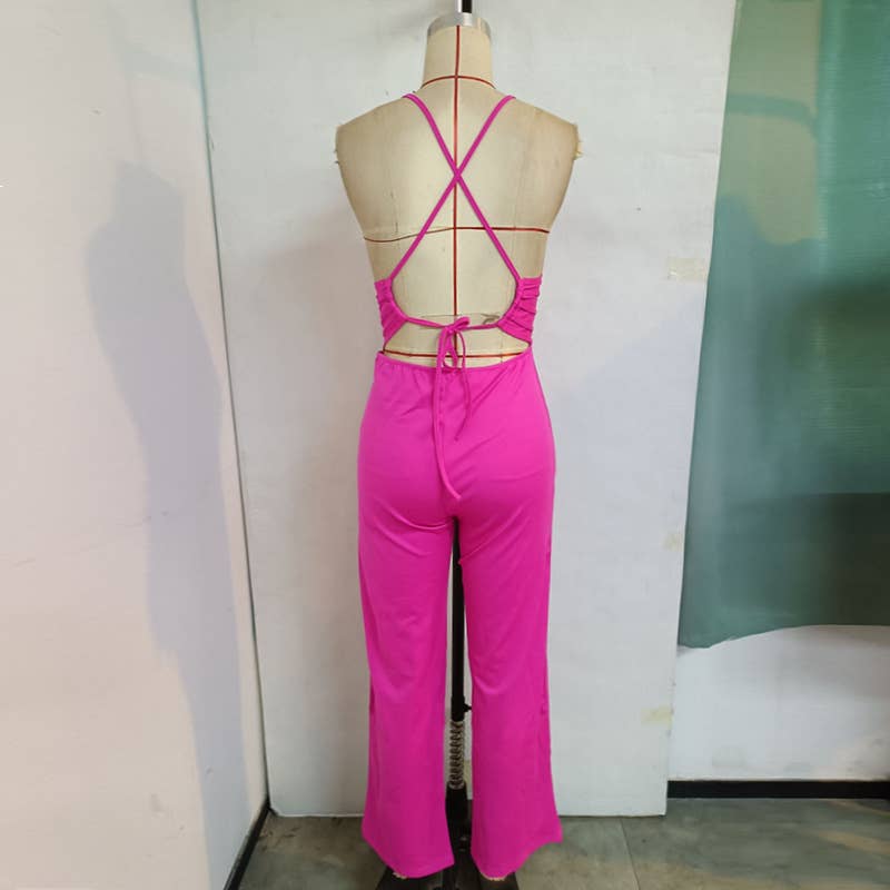 Backless V-Neck Tie Strap Jumpsuit