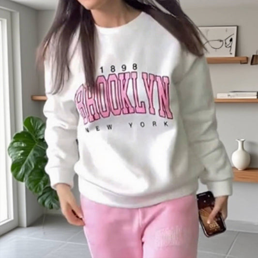 Brooklyn printed loose off-the-shoulder hoodie