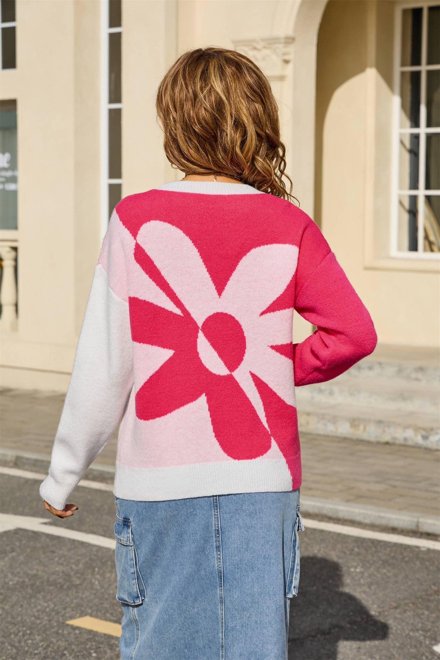 Floral color-blocking knitted pullover sweater