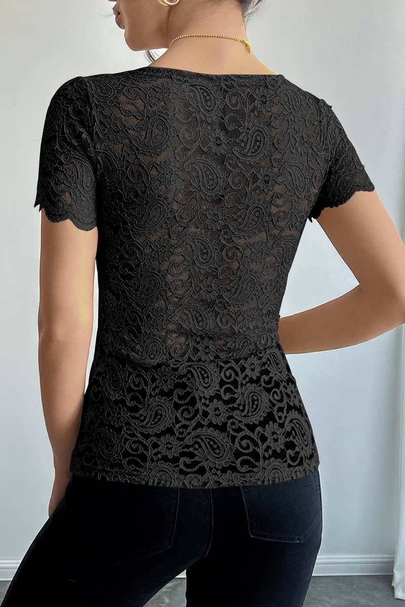 CWTBLS2122_SOLID LACE SLIM FIT SQUARE NECK SHORT SLEEVE TOP