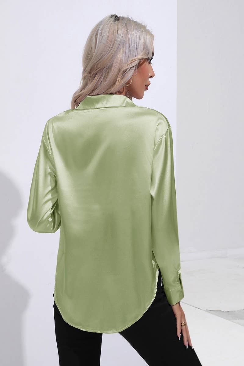 CWTBLL0690_Button Down Silky Satin Long Sleeve Top