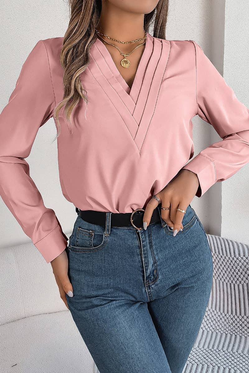 CWTBLL2646_AUTUMN SOLID COLOR V-NECK LONG SLEEVE SHIRT TOP